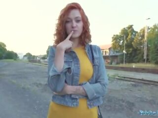 Public Agent desirable redhead waitress sucks pecker and gets fucked doggystyle outside in public