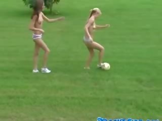 Naked lesbians playing futbol